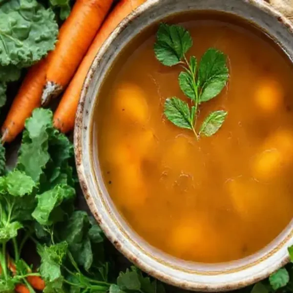 Healthy detox broth with fresh vegetable ingredients for a revitalizing meal.