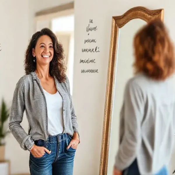 Mulher confiante admirando sua reflexão no espelho.