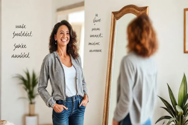 Mulher confiante admirando sua reflexão no espelho.