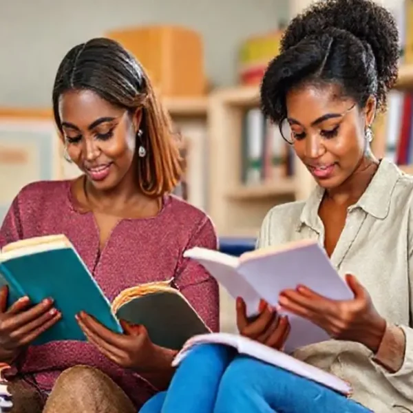 Mulheres se envolvendo em atividades de leitura e organização, refletindo empoderamento e eficiência.