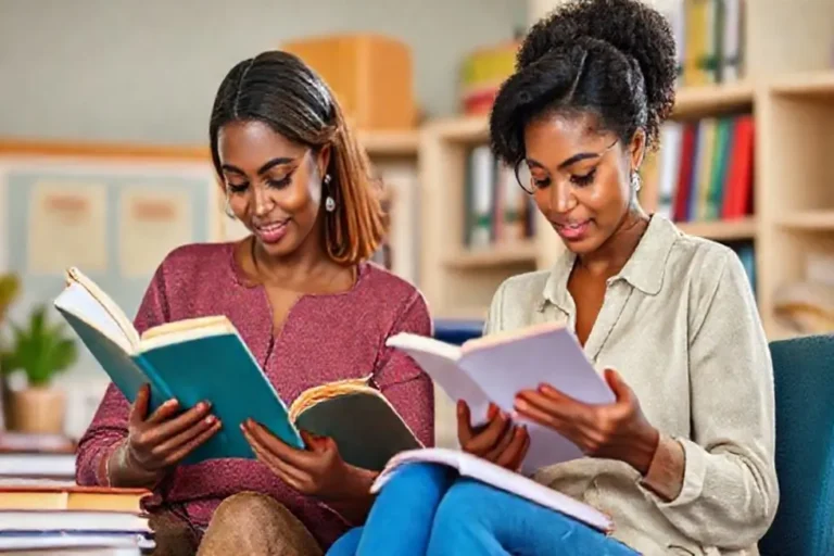 Mulheres se envolvendo em atividades de leitura e organização, refletindo empoderamento e eficiência.