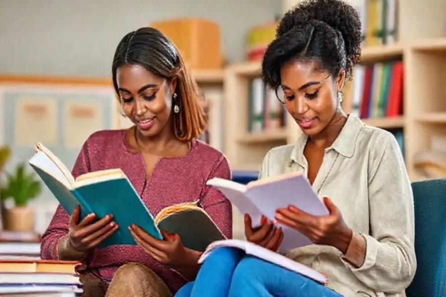 Mulheres se envolvendo em atividades de leitura e organização, refletindo empoderamento e eficiência.