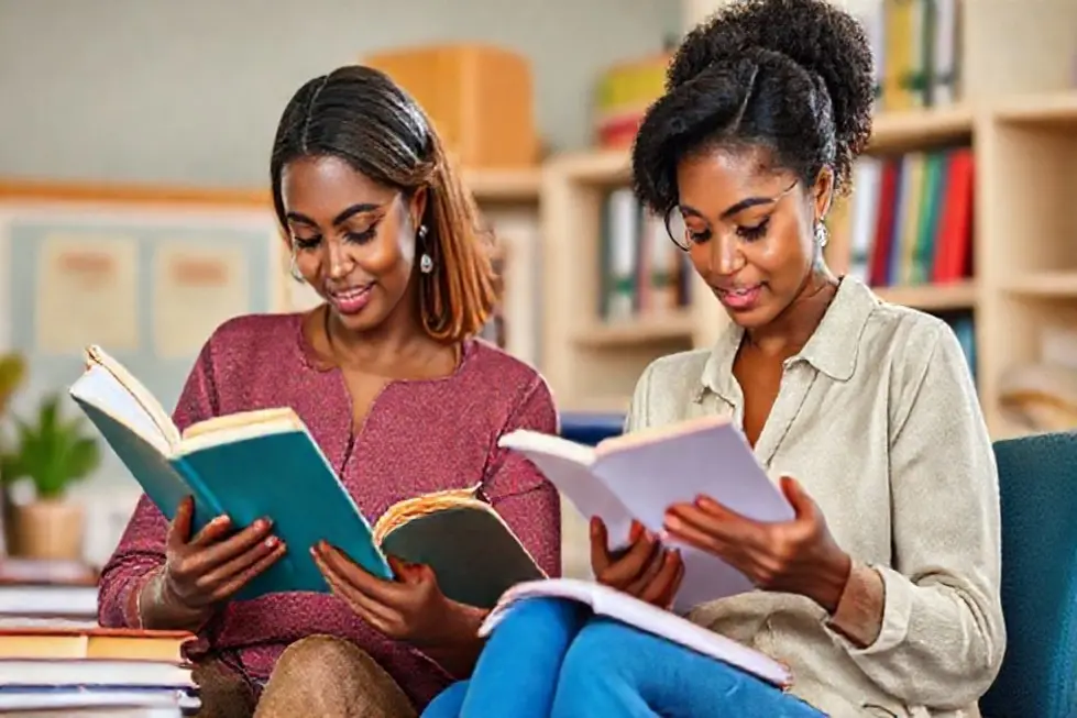 Mulheres se envolvendo em atividades de leitura e organização, refletindo empoderamento e eficiência.