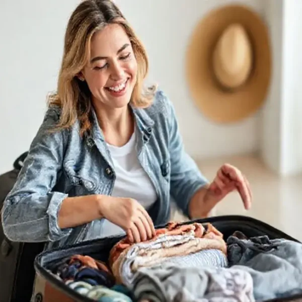 Uma viajante satisfeita arrumando sua mala de forma prática.