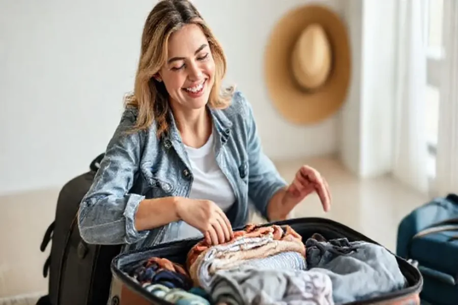 7 Dicas Infalíveis para Organizar sua Mala de Viagem 16 Uma viajante satisfeita arrumando sua mala de forma prática.