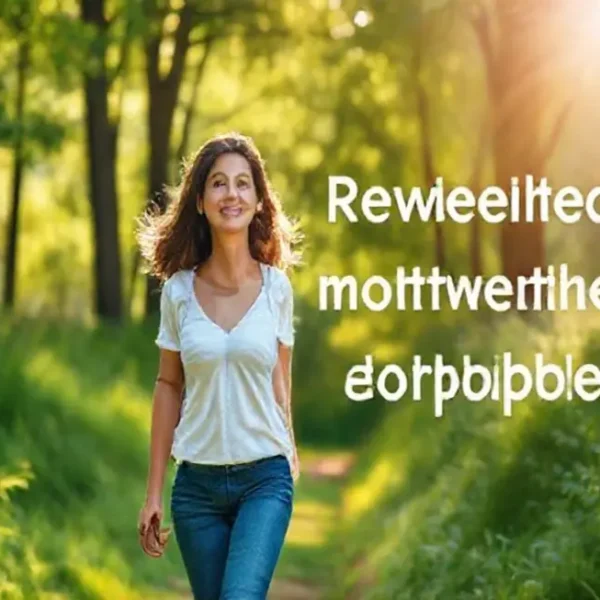 Mulher caminhando confiante em um ambiente natural, simbolizando renovação e motivação.