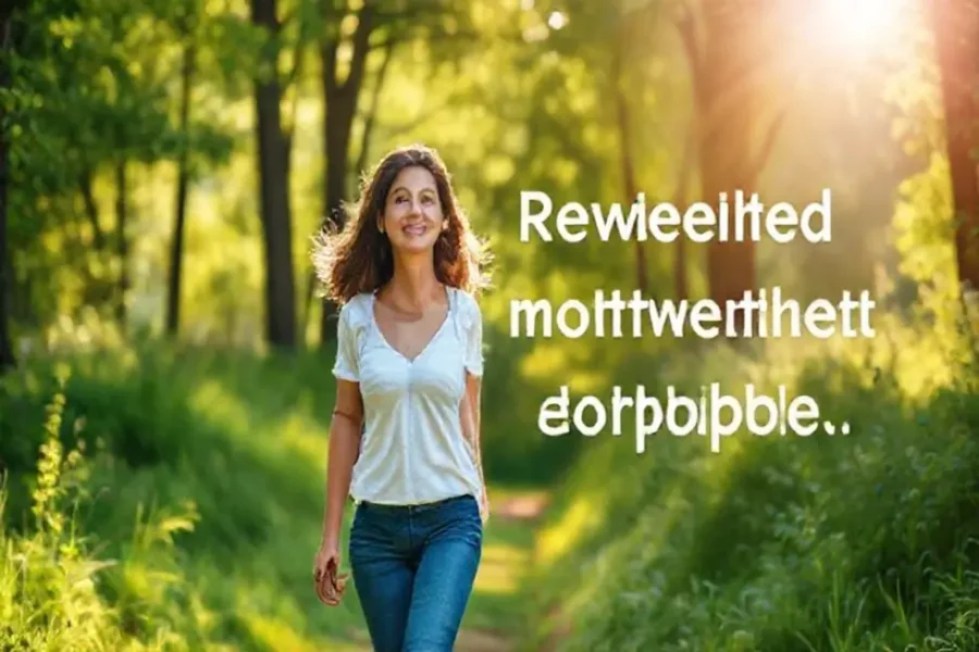 7 Passos para Superar a Estagnação Pessoal e Reconquistar Seu Potencial 13 Mulher caminhando confiante em um ambiente natural, simbolizando renovação e motivação.