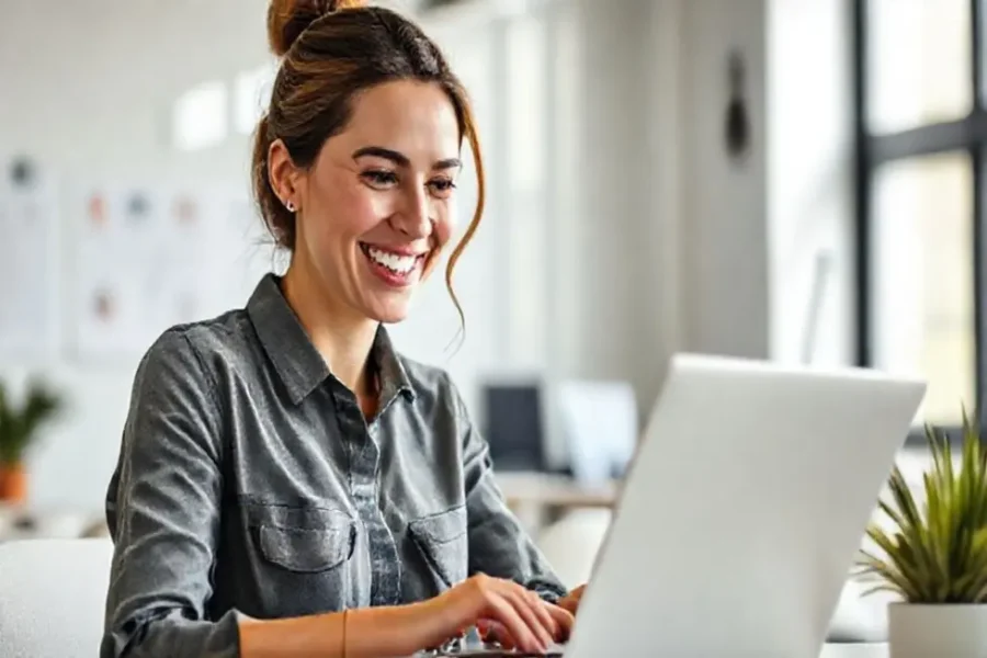 Uma mulher sorridente analisando gráficos financeiros.