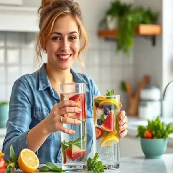 Mulher feliz fazendo água aromatizada com frutas e ervas diversas.