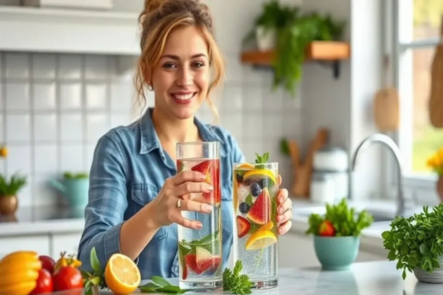 12 Receitas de Água Aromatizada que Vão Transformar sua Hidratação 17 Mulher feliz fazendo água aromatizada com frutas e ervas diversas.