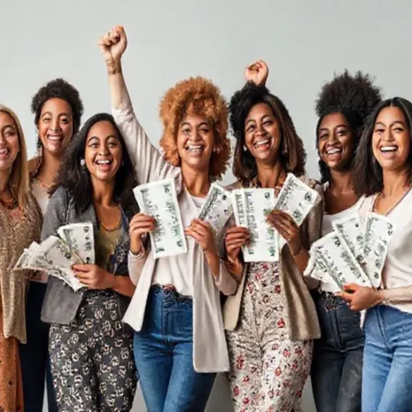 Grupo de mulheres celebrando conquistas financeiras.