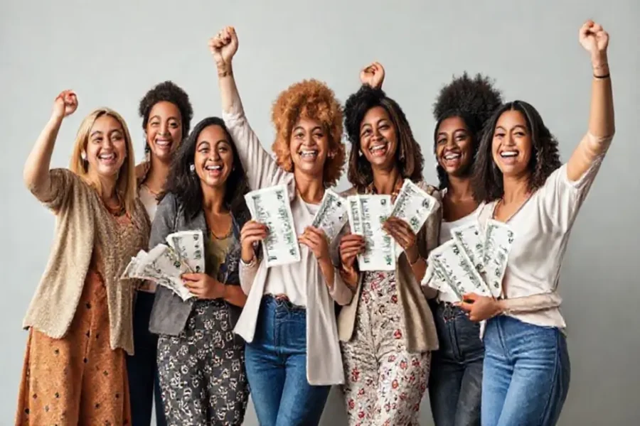 Grupo de mulheres celebrando conquistas financeiras.