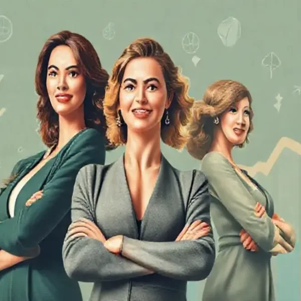 Visual de mulheres investindo com um fundo de gráficos financeiros.