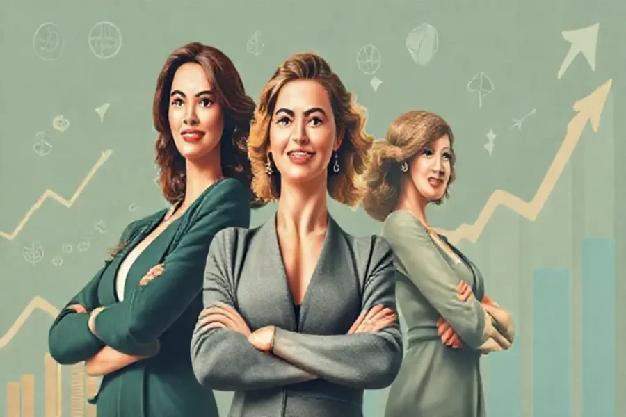 Visual de mulheres investindo com um fundo de gráficos financeiros.