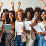 Grupo de mulheres celebrando suas conquistas financeiras.