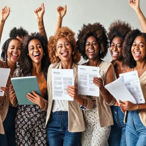 Grupo de mulheres celebrando suas conquistas financeiras.