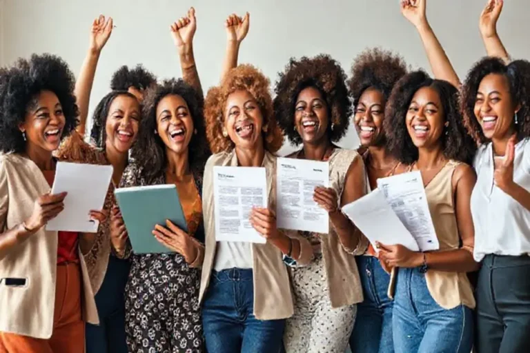 Grupo de mulheres celebrando suas conquistas financeiras.