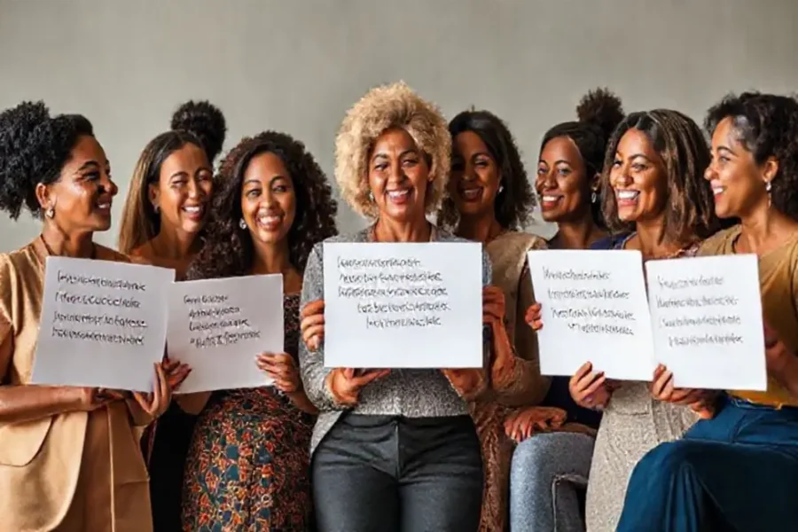 Mulheres unidas compartilhando histórias de sucesso em investimentos.