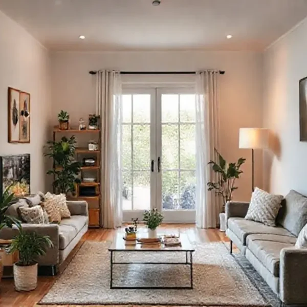 Um ambiente doméstico tranquilo e organizado, com móveis elegantes, plantas e iluminação aconchegante.