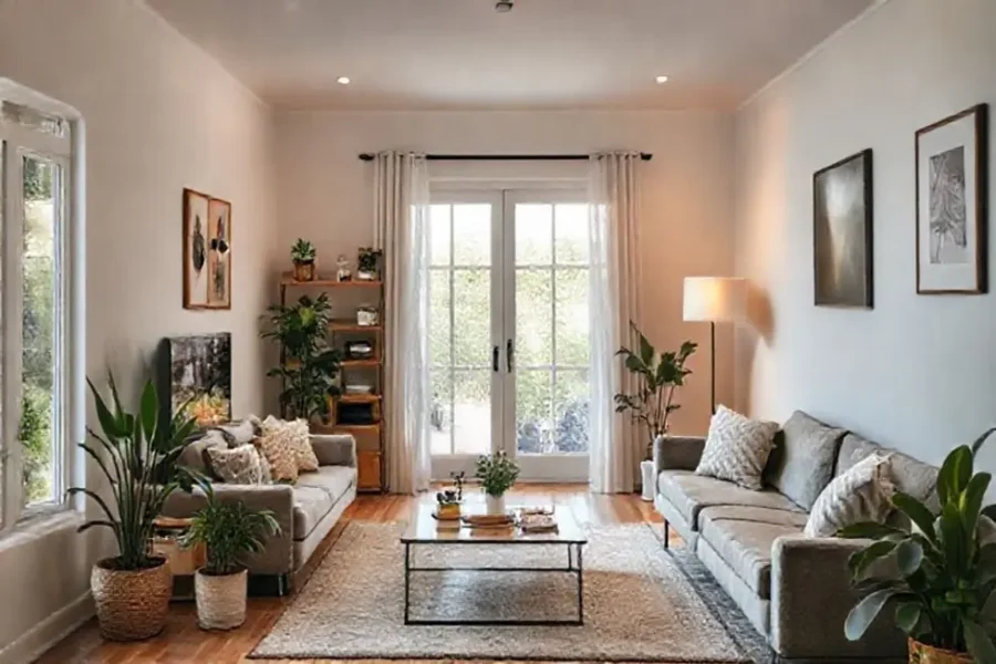 Um ambiente doméstico tranquilo e organizado, com móveis elegantes, plantas e iluminação aconchegante.