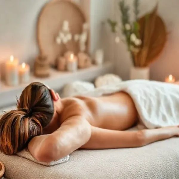 Mulher sendo massageada em um ambiente tranquilo.