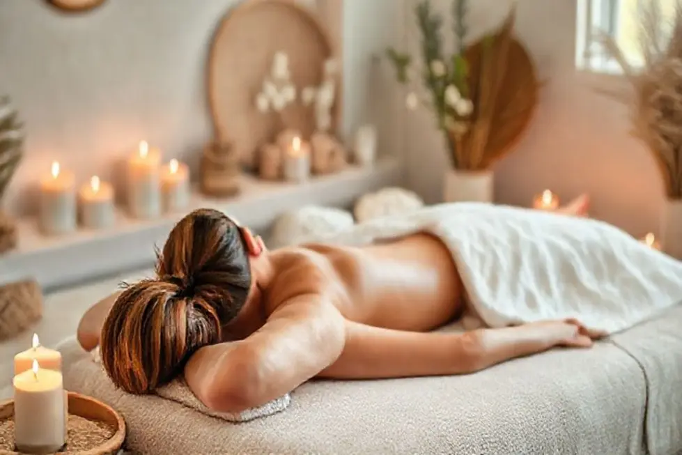 Mulher sendo massageada em um ambiente tranquilo.