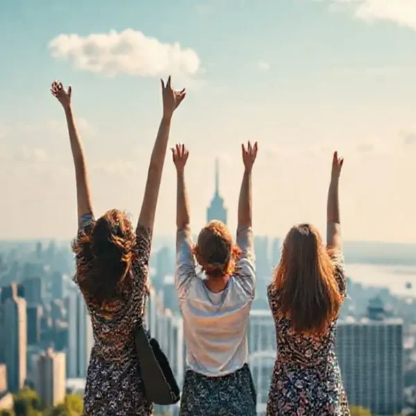 Mulheres celebrando conquistas financeiras com o skyline da cidade ao fundo.