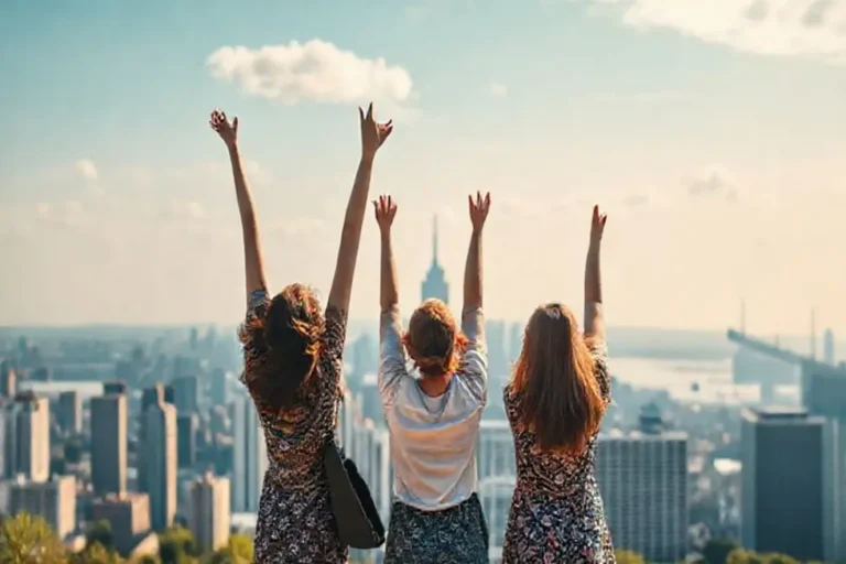 Mulheres celebrando conquistas financeiras com o skyline da cidade ao fundo.