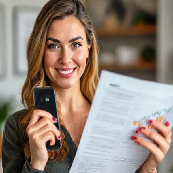 Mulher empoderada com documentos sobre investimentos.