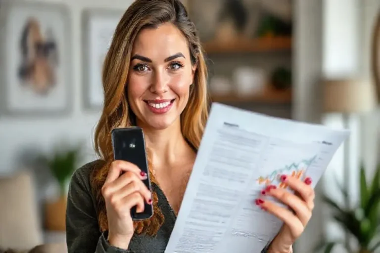 Mulher empoderada com documentos sobre investimentos.