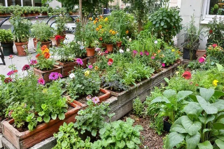 Urban garden blooming with flowers and vegetables in a small space