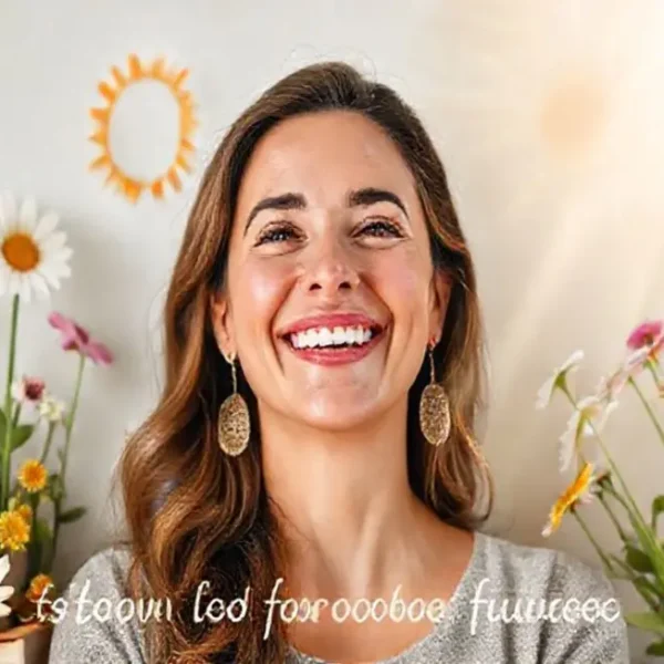 Mulher empoderada, olhando para o futuro com esperança e contentamento após se reconectar consigo mesma.