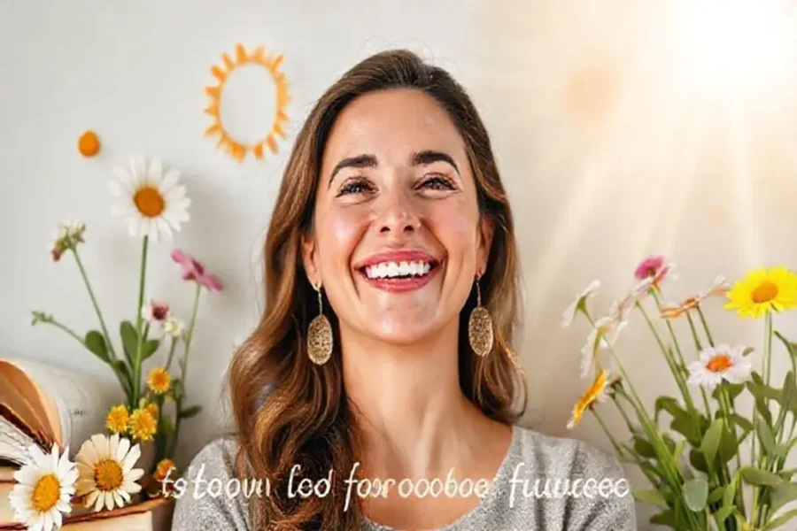 Mulher empoderada, olhando para o futuro com esperança e contentamento após se reconectar consigo mesma.