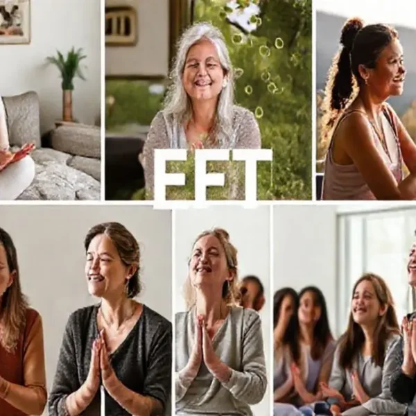 Colagem de mulheres em diferentes cenários praticando EFT.