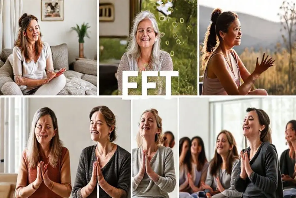 Colagem de mulheres em diferentes cenários praticando EFT.