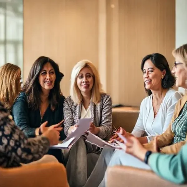 Mulheres discutindo finanças em um seminário.