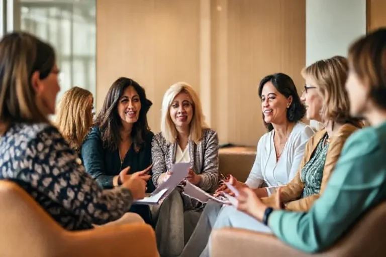 Mulheres discutindo finanças em um seminário.
