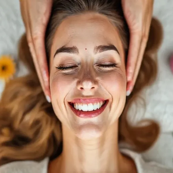 Mulher praticando yoga facial, simbolizando bem-estar.