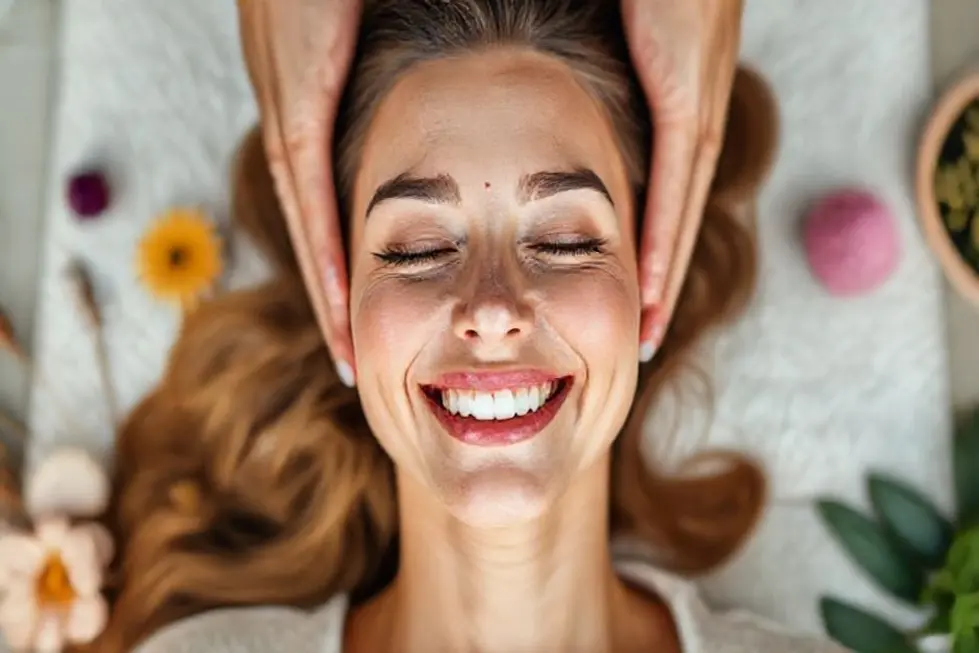 Mulher praticando yoga facial, simbolizando bem-estar.