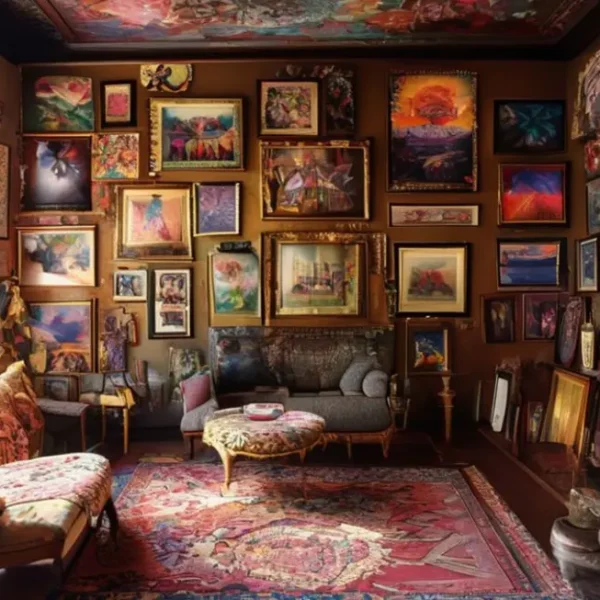 Um espaço bem decorado com uma mistura de arte e design.