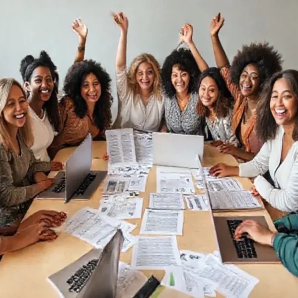 Grupo de mulheres celebrando suas conquistas financeiras.
