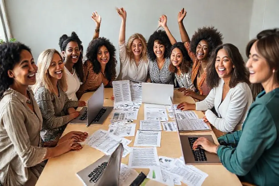 Grupo de mulheres celebrando suas conquistas financeiras.