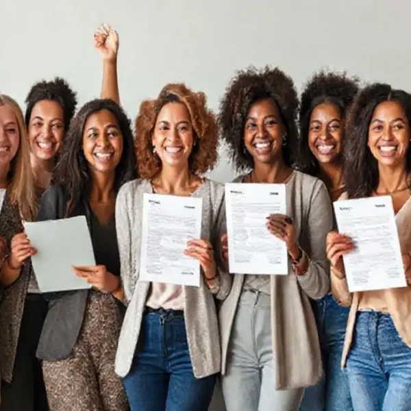 Grupo diverso de mulheres comemorando conquistas financeiras.