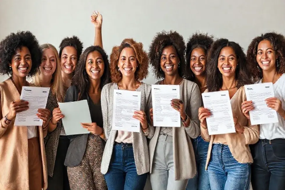 Grupo diverso de mulheres comemorando conquistas financeiras.