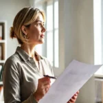 Mulher pensativa segurando um documento sobre planejamento financeiro.