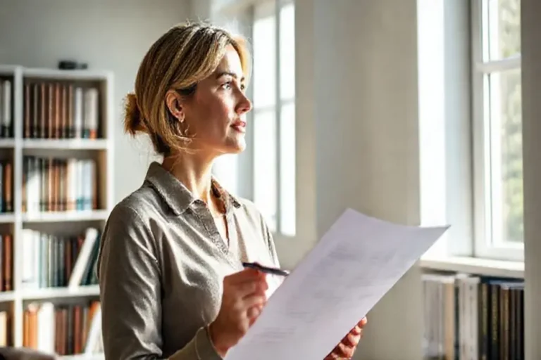 Mulher pensativa segurando um documento sobre planejamento financeiro.