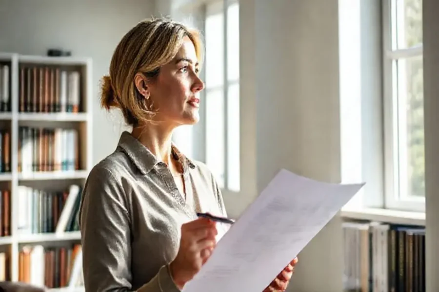 Como Investir no Tesouro Direto: 7 Passos para Mulheres que Querem Dominar suas Finanças 14 Mulher pensativa segurando um documento sobre planejamento financeiro.
