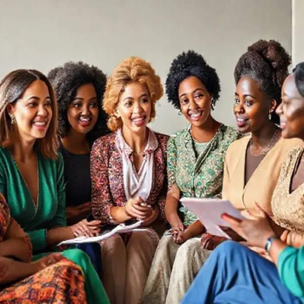 Grupo de mulheres discutindo sobre investimentos, simbolizando empoderamento e educação financeira.