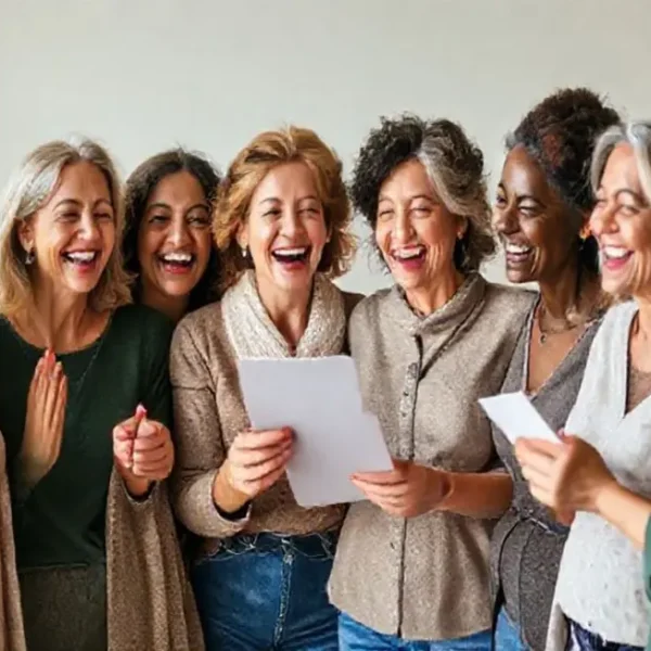 Grupo de mulheres comemorando decisões financeiras.