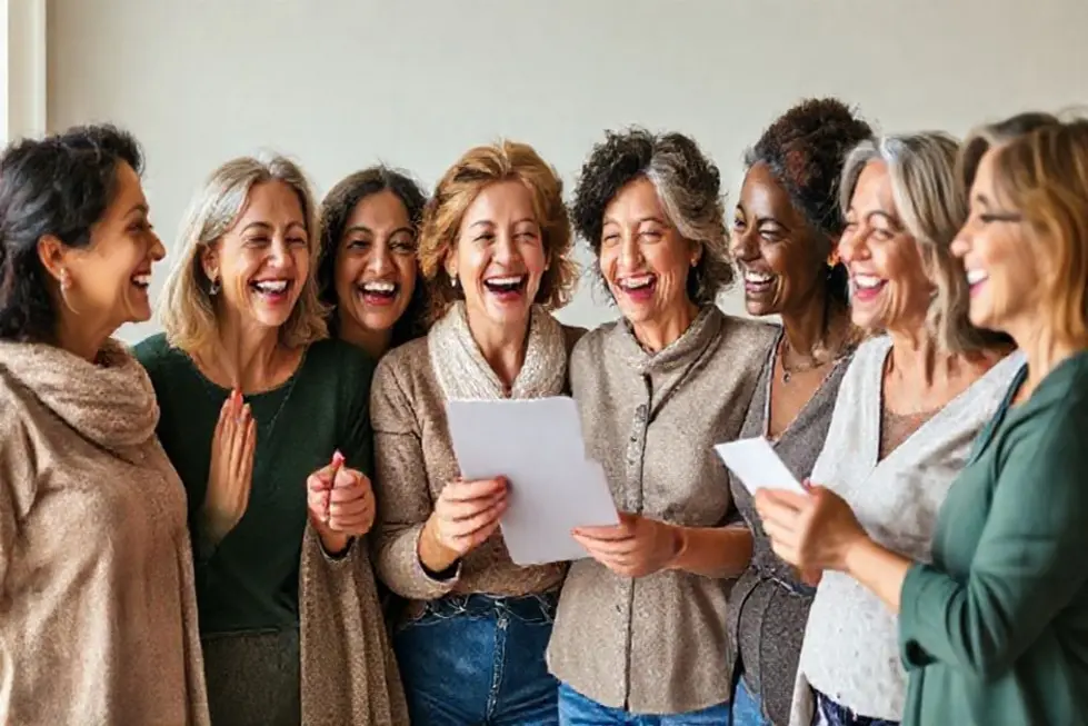 Grupo de mulheres comemorando decisões financeiras.